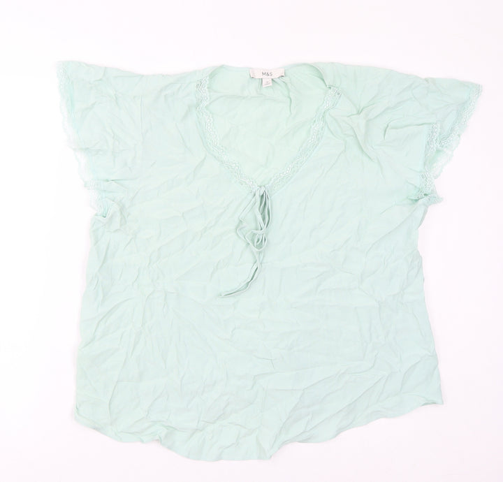 Marks and Spencer Womens Green Viscose Basic Blouse Size 14 V-Neck - Lace