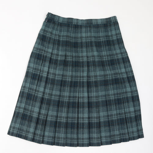 EWM Womens Green Check Polyester Pleated Skirt Size 14 Zip