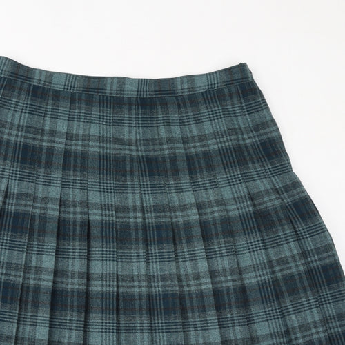 EWM Womens Green Check Polyester Pleated Skirt Size 14 Zip