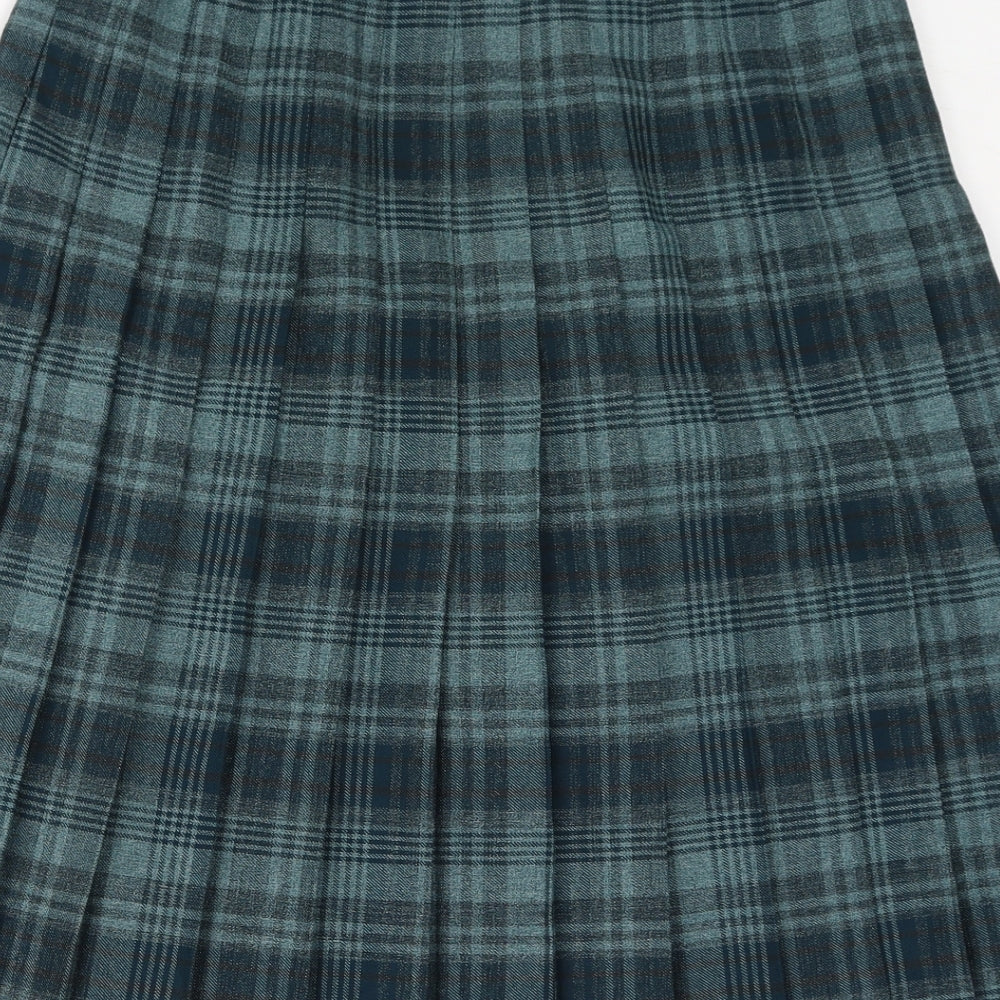 EWM Womens Green Check Polyester Pleated Skirt Size 14 Zip