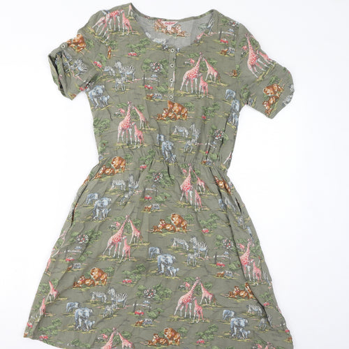 Cath Kidston Womens Green Geometric Viscose T-Shirt Dress Size 8 Round Neck Button - Safari Animals