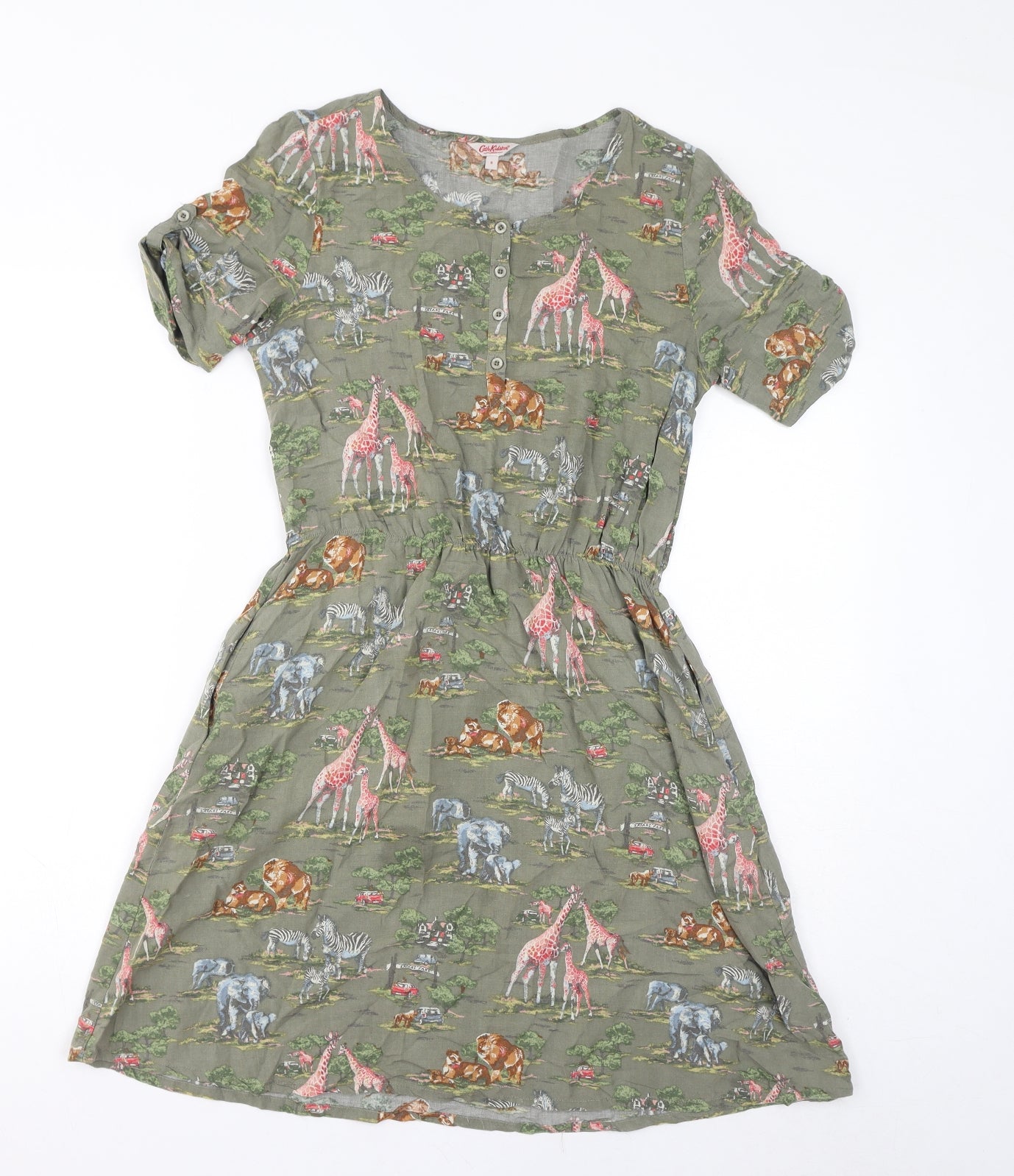 Cath Kidston Womens Green Geometric Viscose T-Shirt Dress Size 8 Round Neck Button - Safari Animals