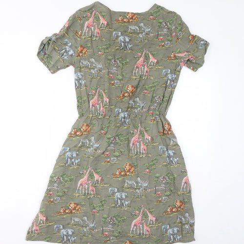 Cath Kidston Womens Green Geometric Viscose T-Shirt Dress Size 8 Round Neck Button - Safari Animals