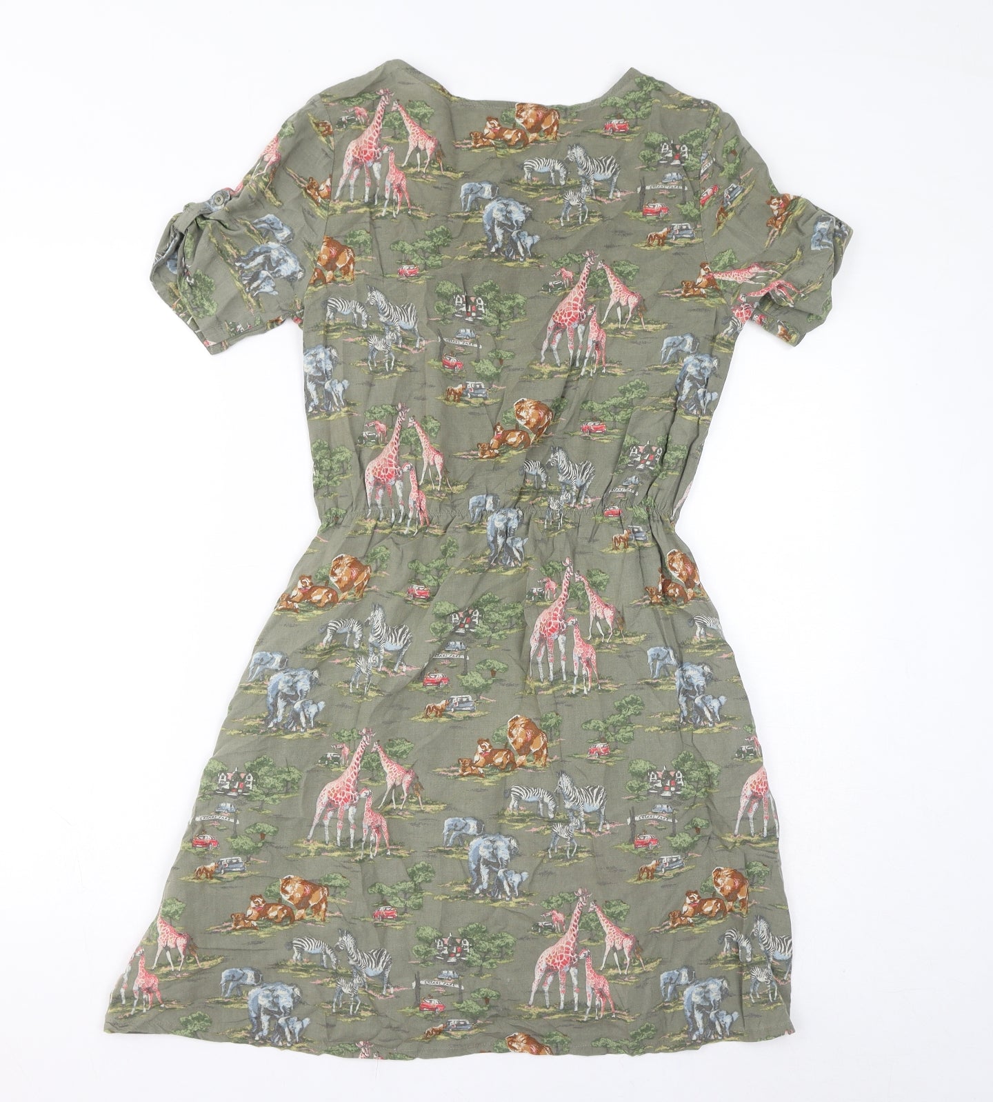 Cath Kidston Womens Green Geometric Viscose T-Shirt Dress Size 8 Round Neck Button - Safari Animals