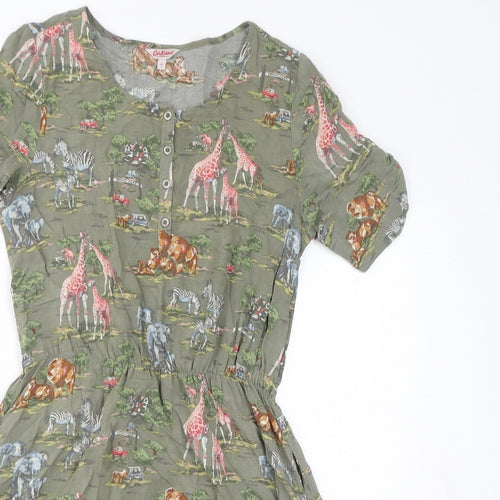 Cath Kidston Womens Green Geometric Viscose T-Shirt Dress Size 8 Round Neck Button - Safari Animals