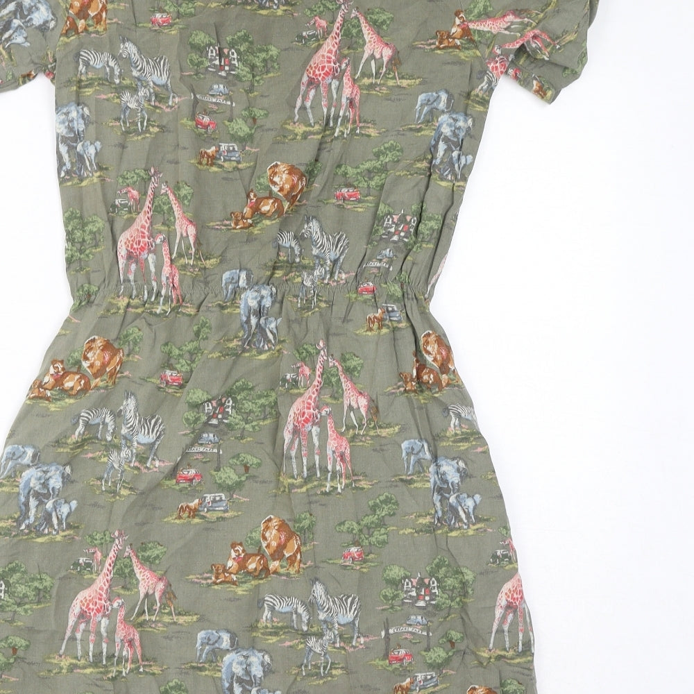 Cath Kidston Womens Green Geometric Viscose T-Shirt Dress Size 8 Round Neck Button - Safari Animals