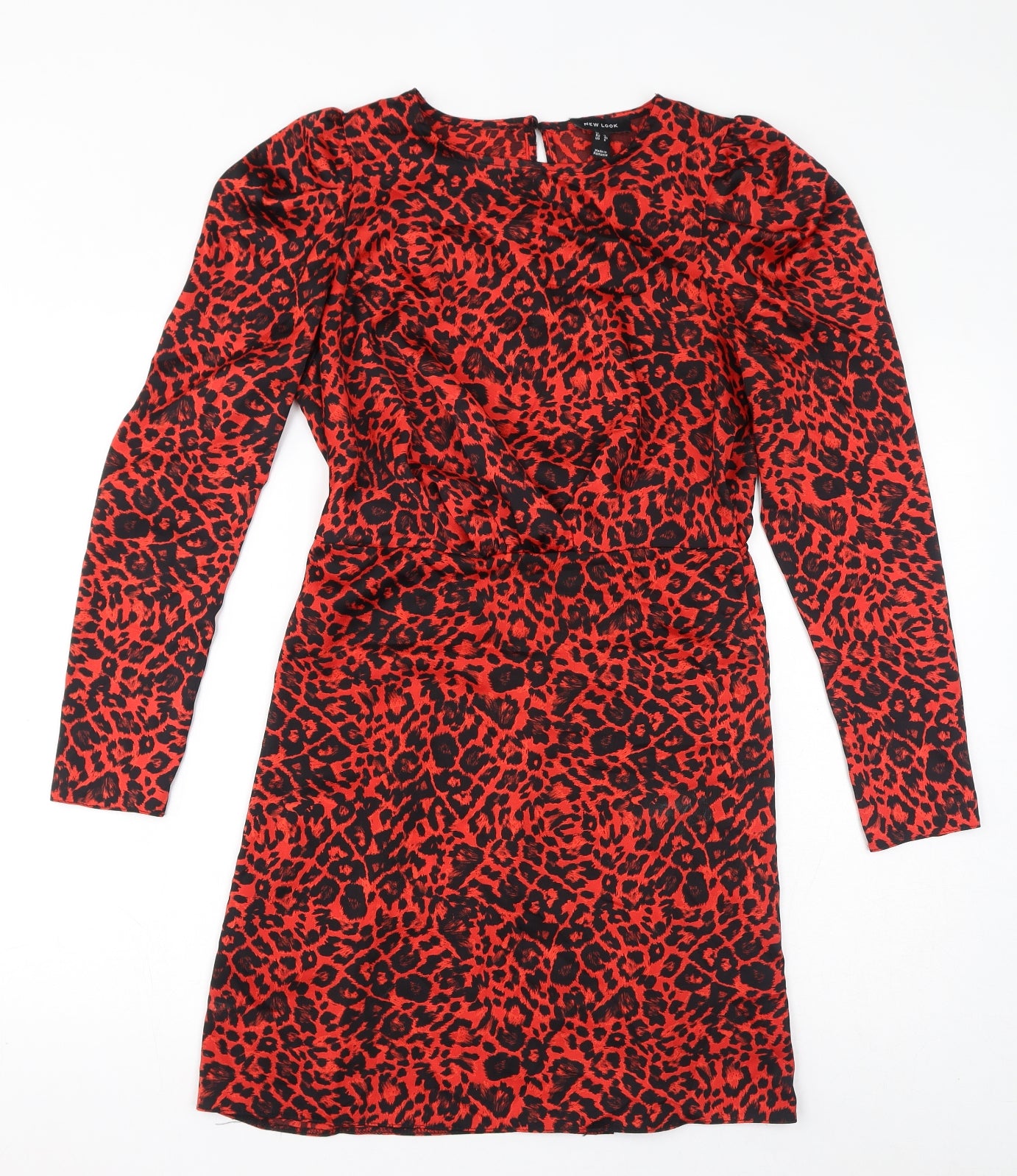New Look Womens Red Animal Print Polyester Pencil Dress Size 12 Round Neck Button - Leopard Print