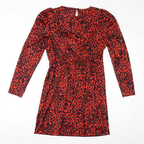New Look Womens Red Animal Print Polyester Pencil Dress Size 12 Round Neck Button - Leopard Print