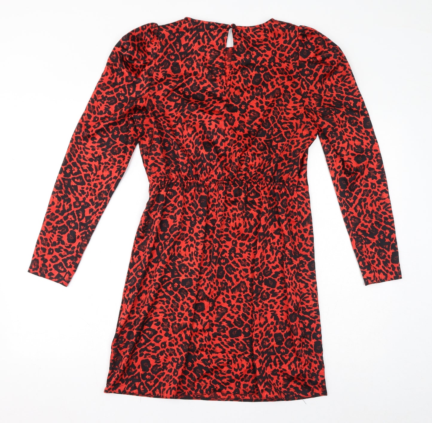New Look Womens Red Animal Print Polyester Pencil Dress Size 12 Round Neck Button - Leopard Print