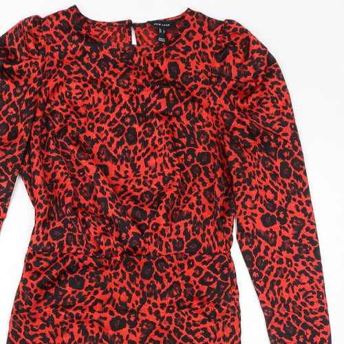 New Look Womens Red Animal Print Polyester Pencil Dress Size 12 Round Neck Button - Leopard Print