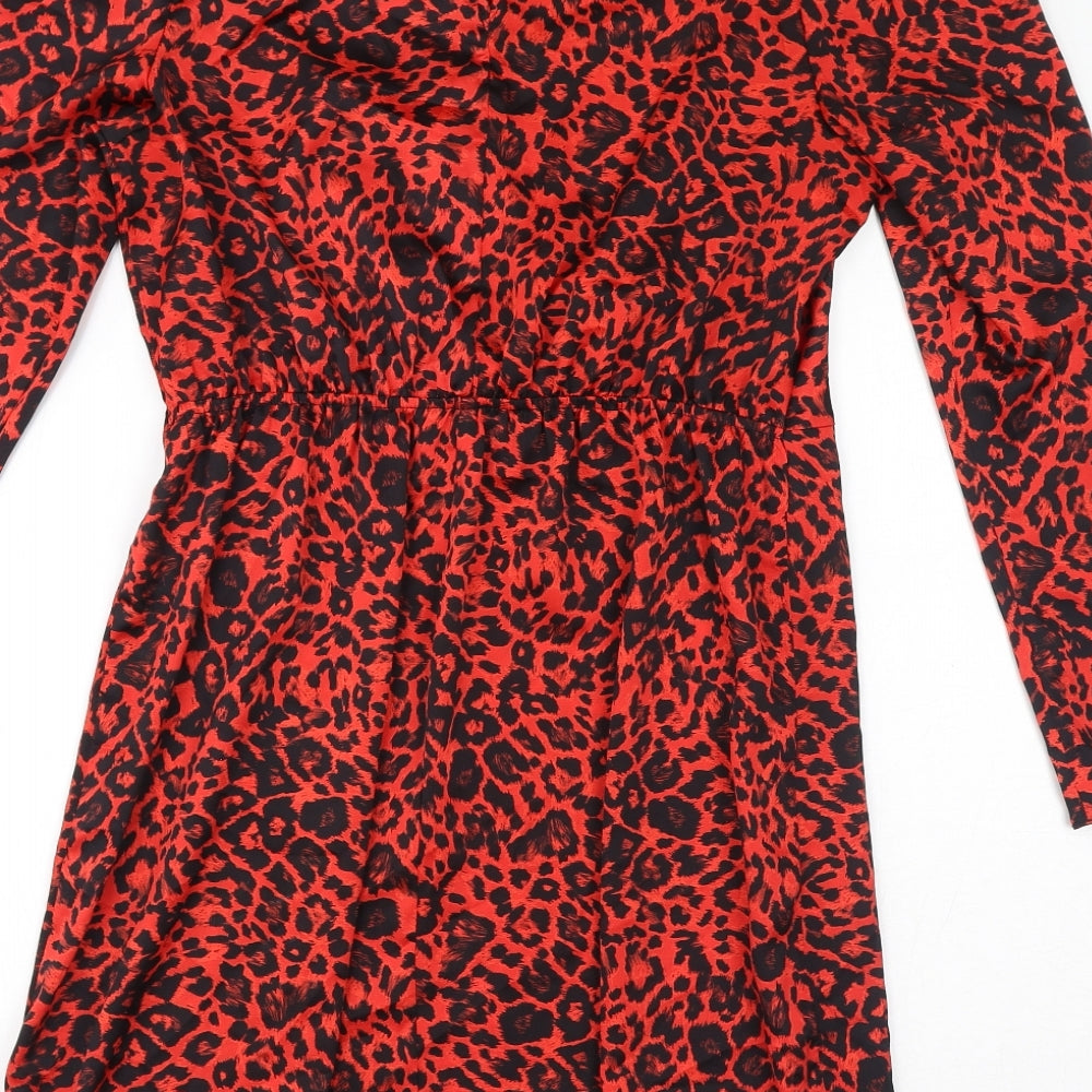 New Look Womens Red Animal Print Polyester Pencil Dress Size 12 Round Neck Button - Leopard Print
