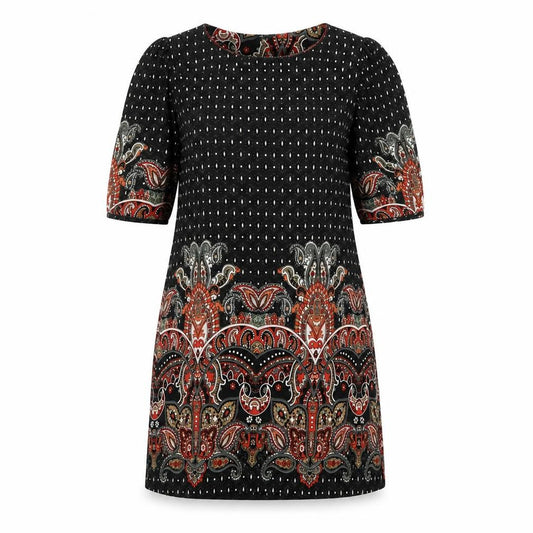 Front view of CULTURE women’s multicoloured geometric polyester a-line, size UK 10, boat neck pullover - pleated