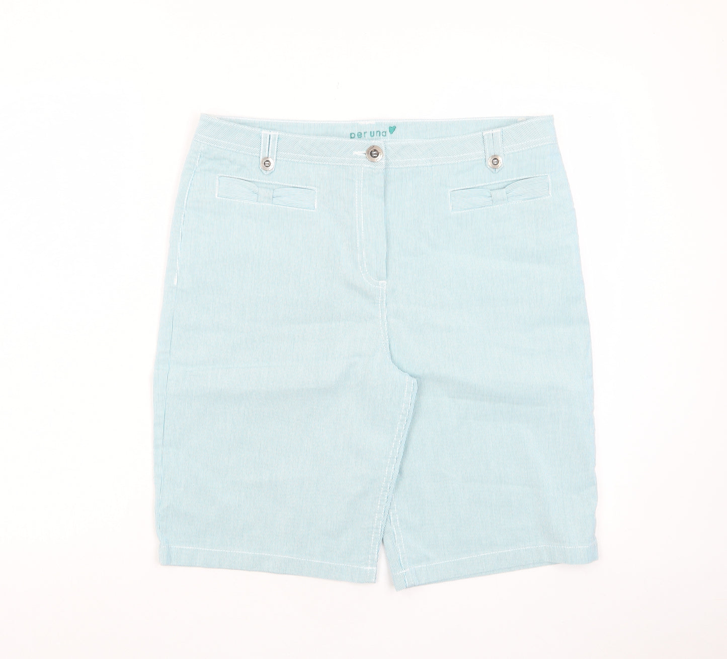 Per Una Womens Blue Striped Cotton Basic Shorts Size 14 L11 in Regular Zip - Pockets