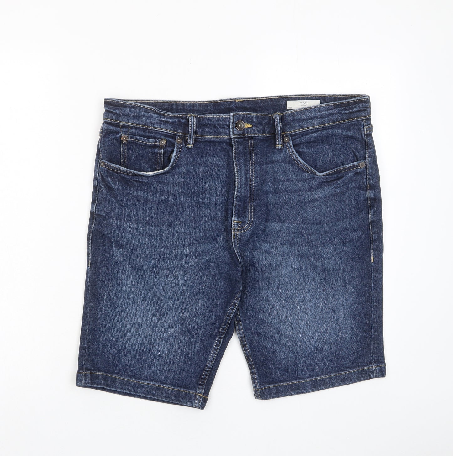 Marks and Spencer Mens Blue Cotton Bermuda Shorts Size 36 in L10 in Regular Zip - Pockets