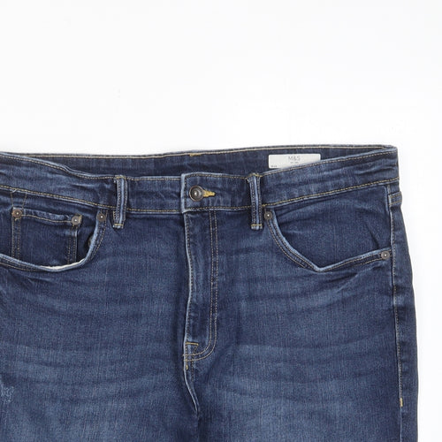 Marks and Spencer Mens Blue Cotton Bermuda Shorts Size 36 in L10 in Regular Zip - Pockets