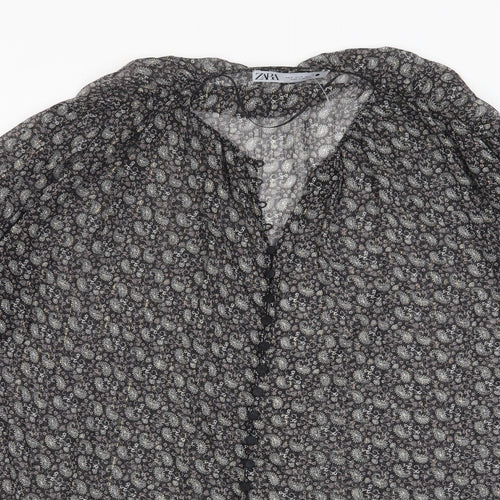Zara Womens Black Fair Isle Polyester Basic Button-Up Size S V-Neck