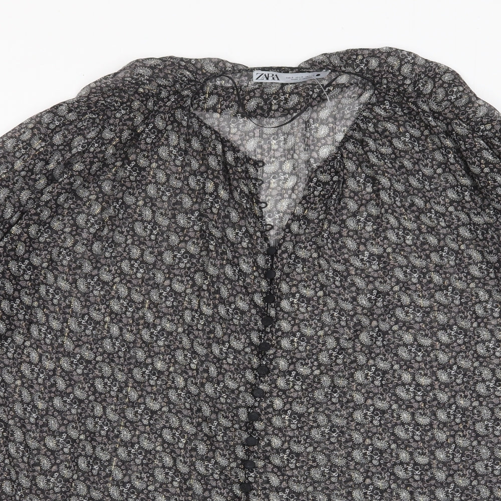 Zara Womens Black Fair Isle Polyester Basic Button-Up Size S V-Neck