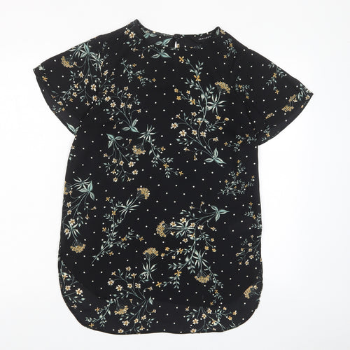 New Look Womens Black Floral Polyester Basic T-Shirt Size 8 Crew Neck - Frill