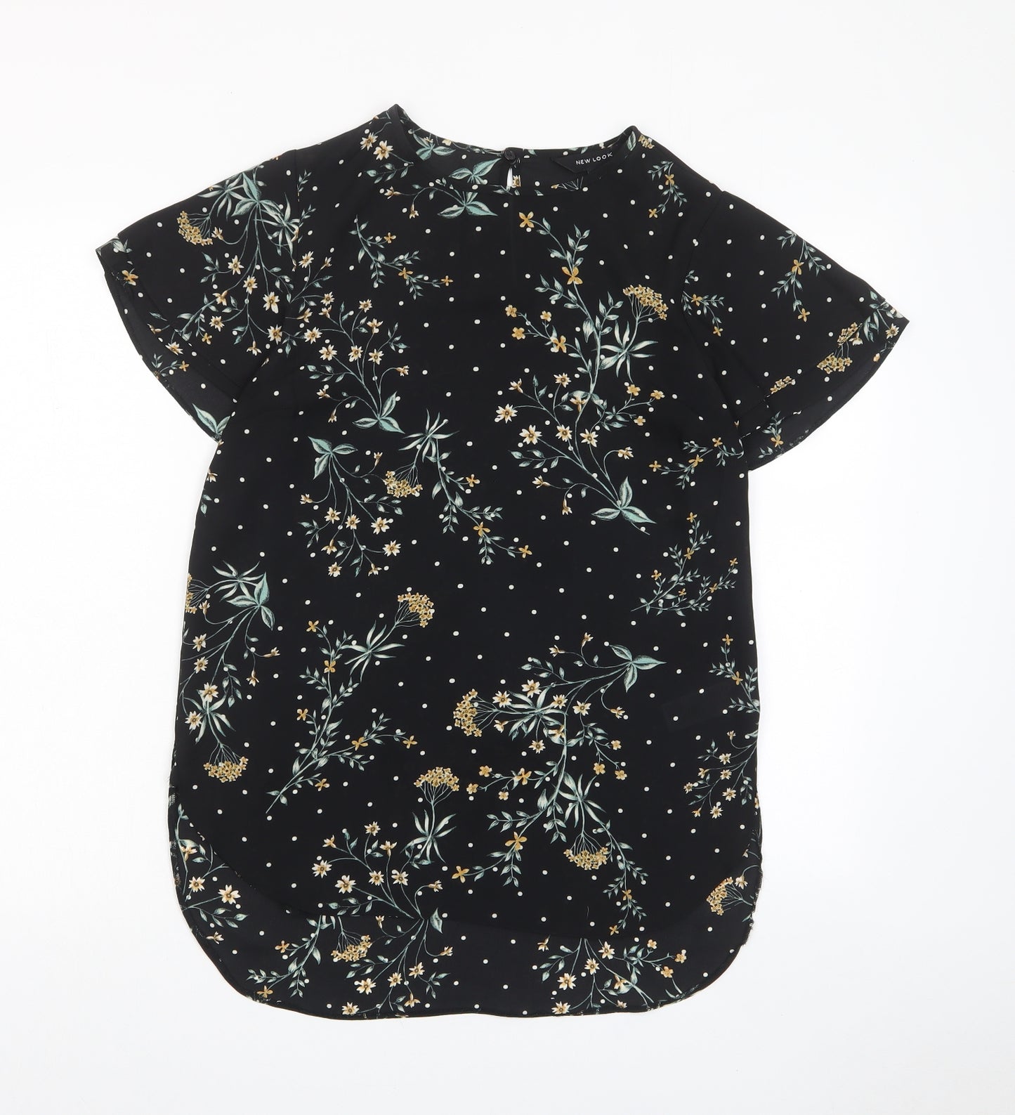 New Look Womens Black Floral Polyester Basic T-Shirt Size 8 Crew Neck - Frill