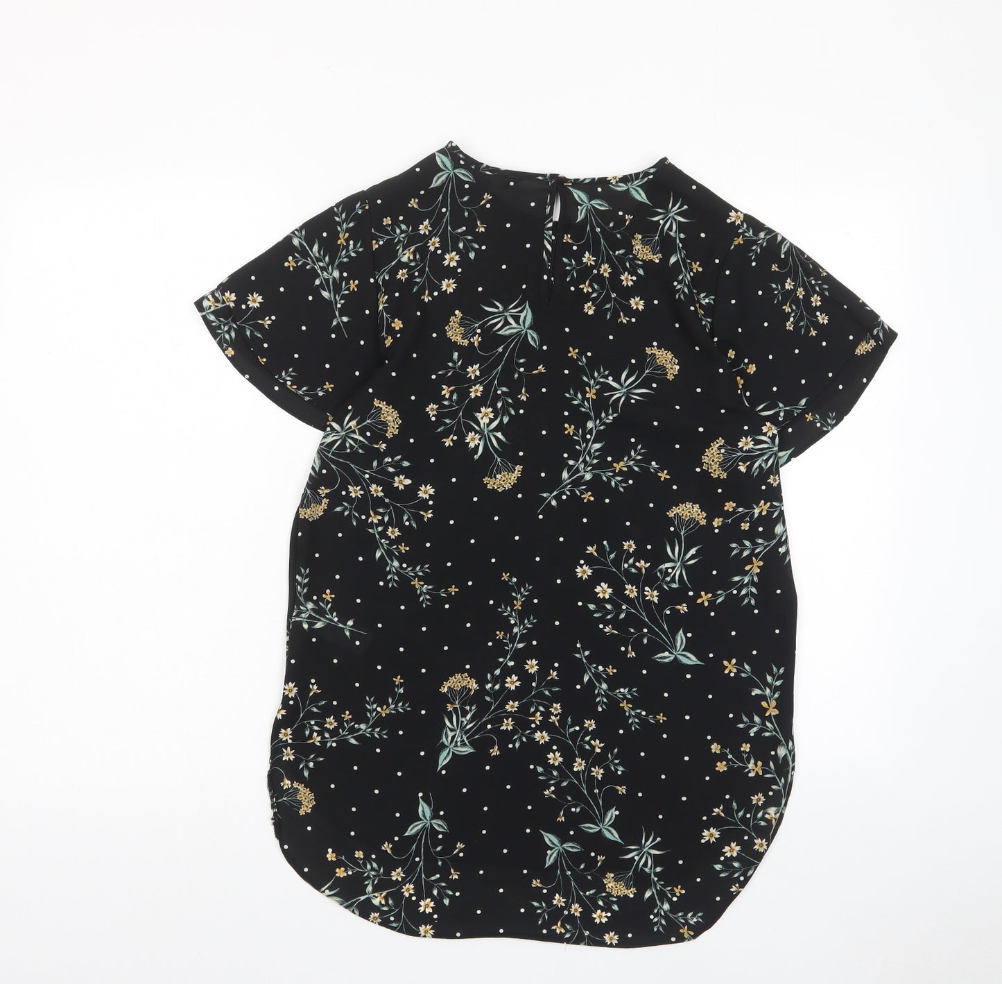 New Look Womens Black Floral Polyester Basic T-Shirt Size 8 Crew Neck - Frill