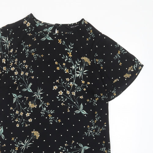 New Look Womens Black Floral Polyester Basic T-Shirt Size 8 Crew Neck - Frill
