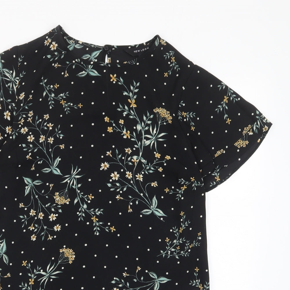 New Look Womens Black Floral Polyester Basic T-Shirt Size 8 Crew Neck - Frill