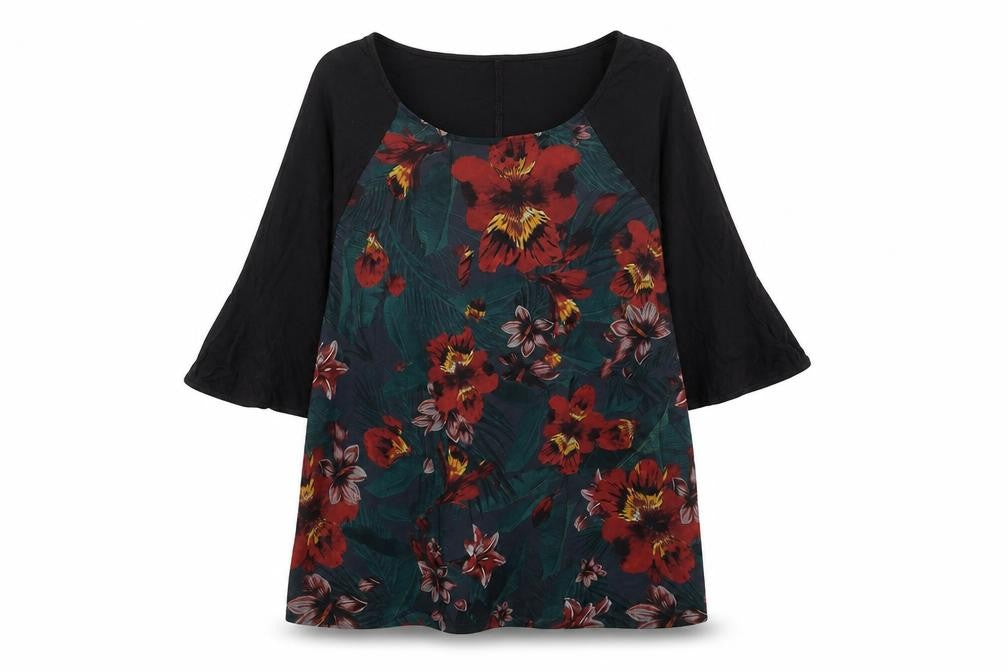 Front view of Zara women’s multicoloured floral polyester basic t-shirt, size S, crew neck
