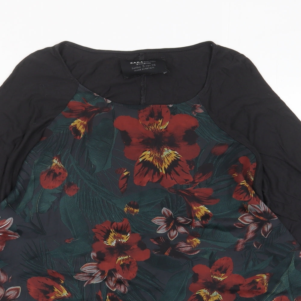 Zara Womens Multicoloured Floral Polyester Basic T-Shirt Size S Crew Neck