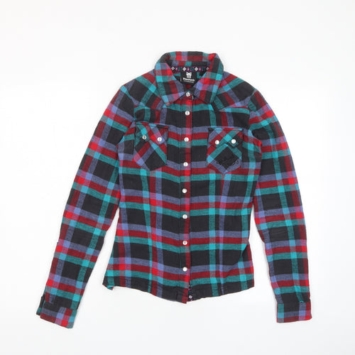 Fenchurch Womens Multicoloured Plaid Cotton Basic Button-Up Size 2XS Collared - Logo, Embroided