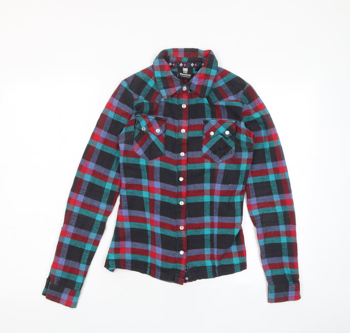 Fenchurch Womens Multicoloured Plaid Cotton Basic Button-Up Size 2XS Collared - Logo, Embroided