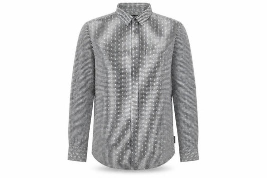 Front view of French Connection men’s grey geometric cotton button-up, size M, collared button
