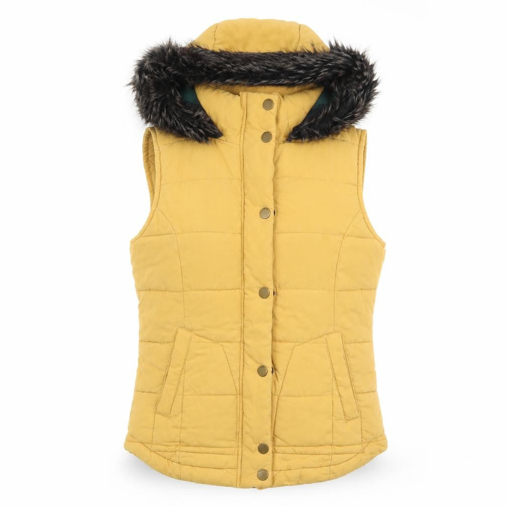 Front view of Next women’s yellow gilet jacket, size UK 10, zip - pockets