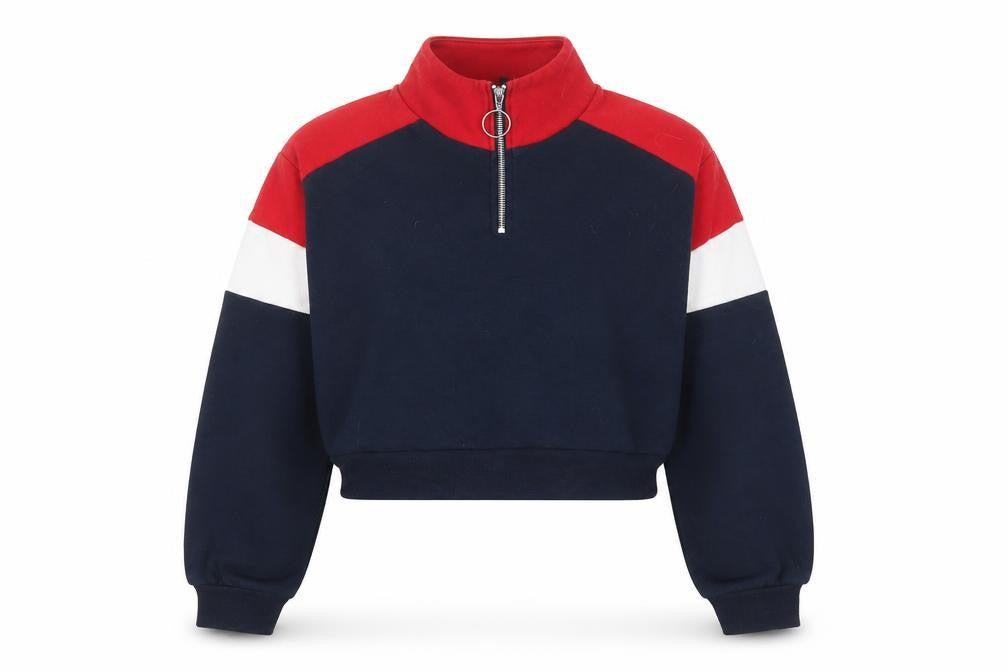 Front view of H&M women’s multicoloured striped cotton pullover sweatshirt, size S, zip - 1/2 zip