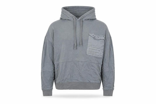 Front view of Commun Culture men’s grey cotton pullover hoodie, size S, - pockets