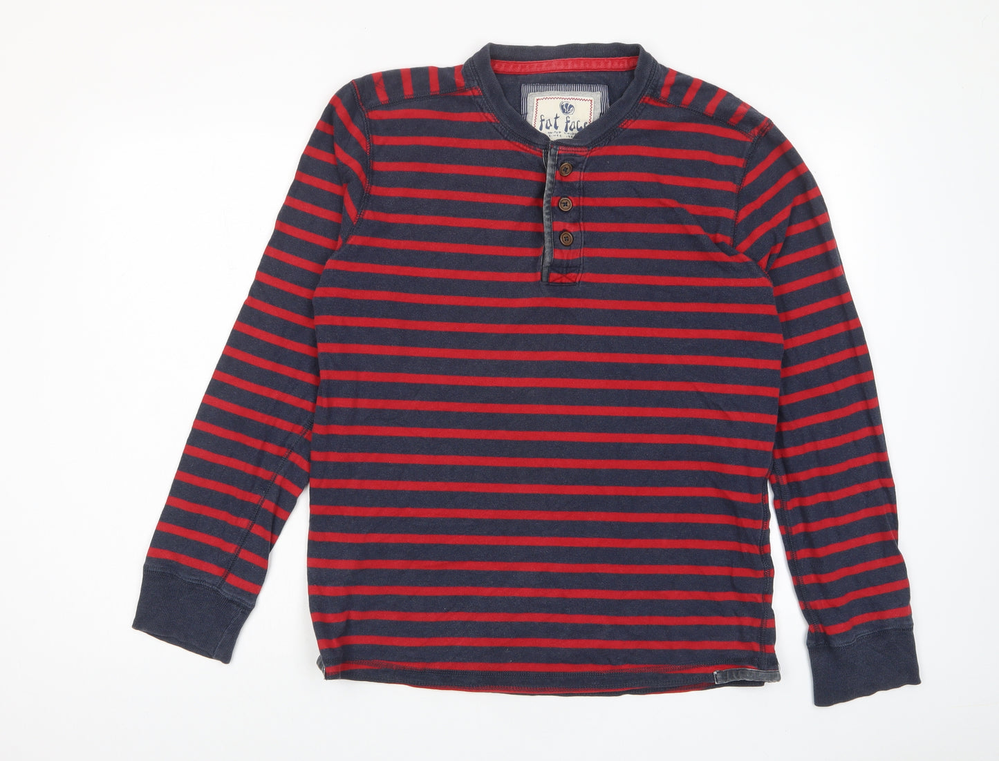 Fat Face Mens Blue Striped Cotton T-Shirt Size M Henley