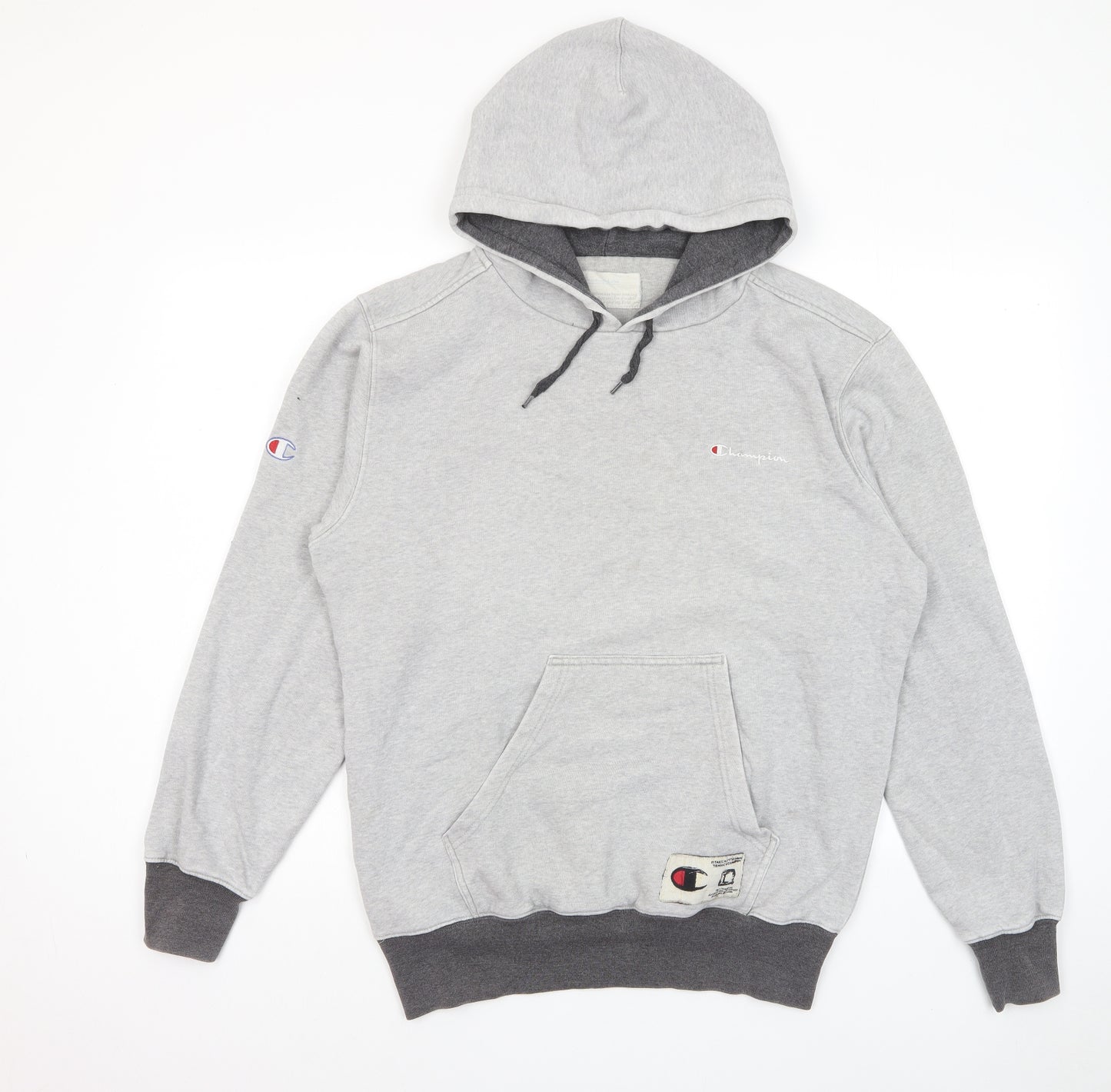 Champion Mens Grey Cotton Pullover Hoodie Size M - Logo, Embroided, Pockets