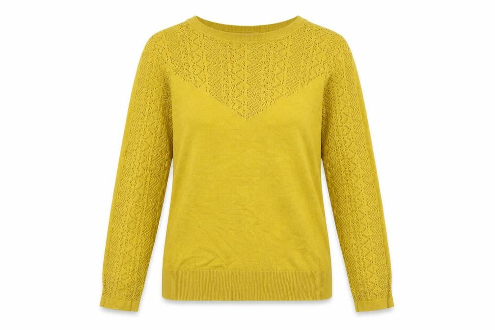 Front view of Warehouse women’s yellow crew neck viscose jumper, size UK 10