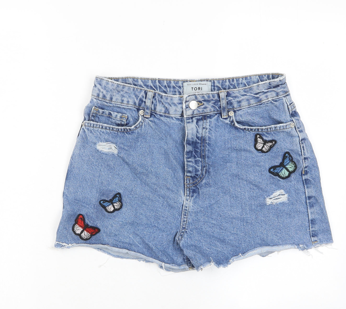 New Look Girls Blue Cotton Bermuda Shorts Size 15 Years L3 in Regular Zip - Butterfly, Embroided, Pockets