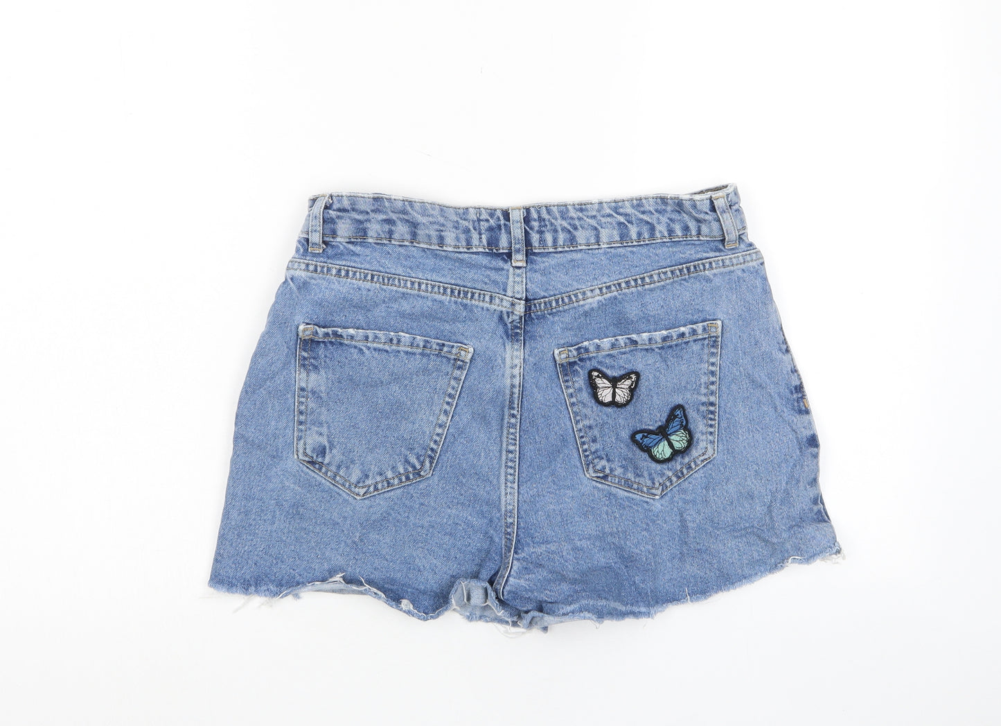 New Look Girls Blue Cotton Bermuda Shorts Size 15 Years L3 in Regular Zip - Butterfly, Embroided, Pockets