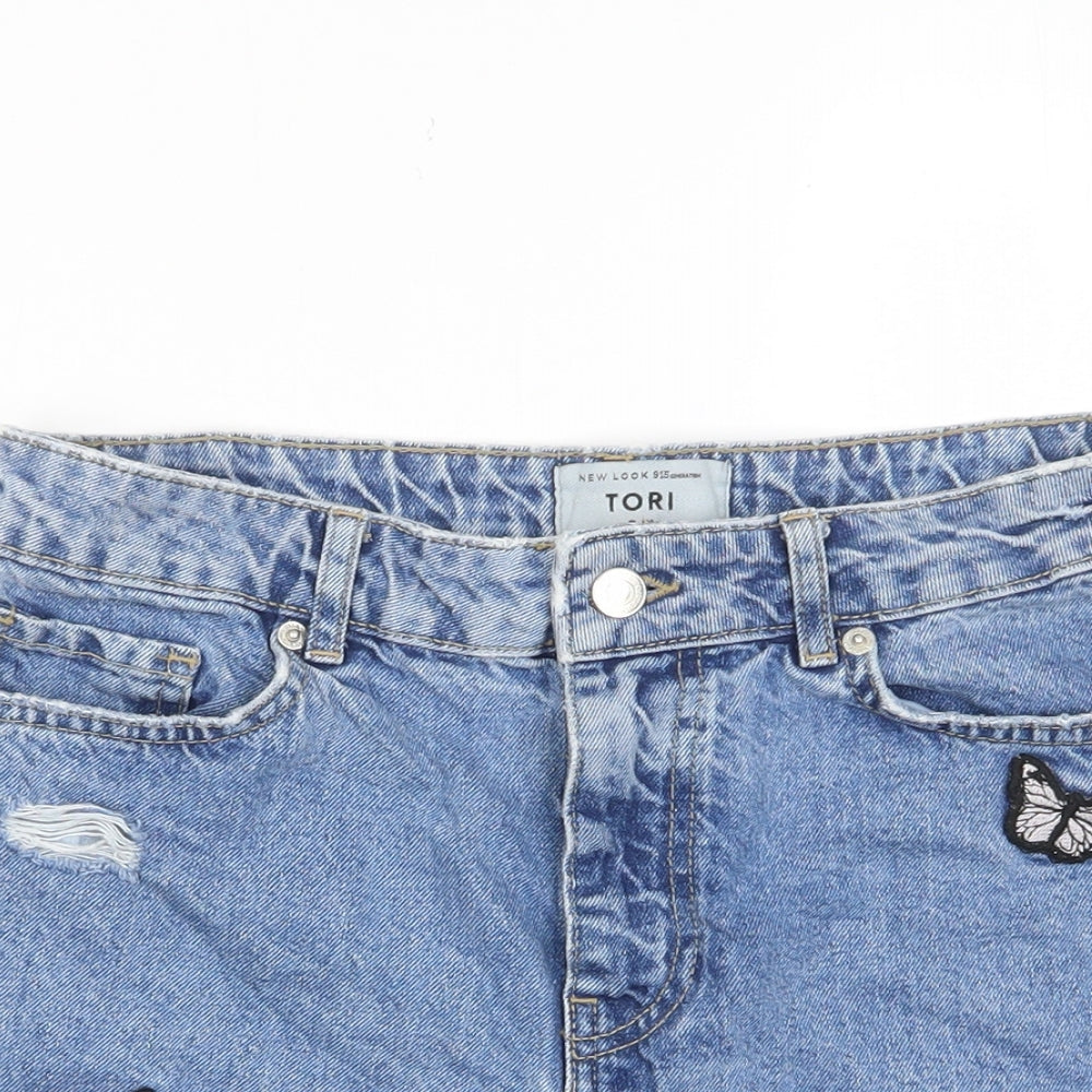 New Look Girls Blue Cotton Bermuda Shorts Size 15 Years L3 in Regular Zip - Butterfly, Embroided, Pockets