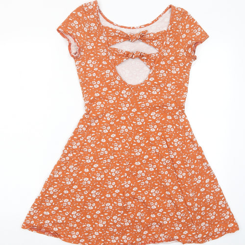 Nobody's Child Womens Brown Floral Cotton A-Line Size 10 Scoop Neck Pullover - Cut out back