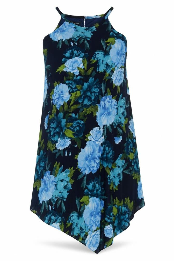 INC International Concepts Womens Blue Floral Polyester A-Line Size L Crew Neck Button