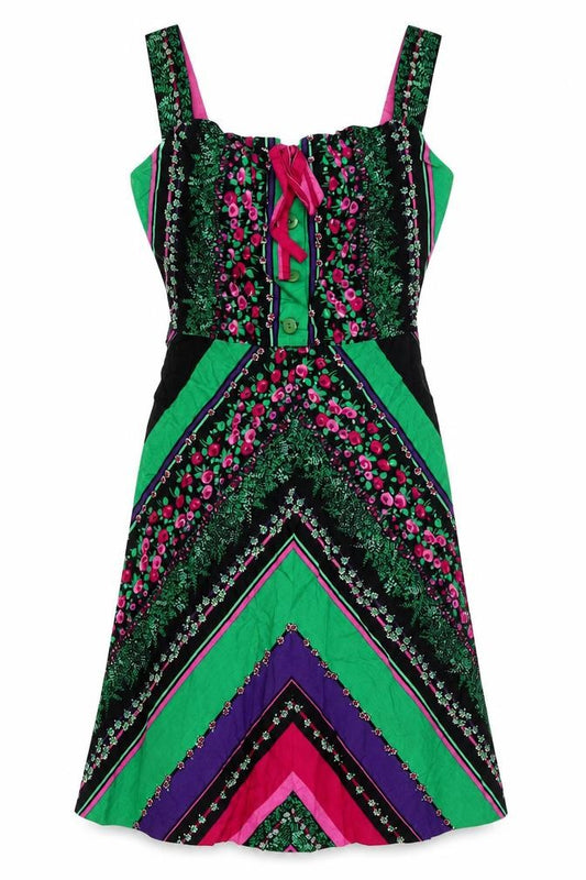 Front view of Aylett Fashions women’s multicoloured geometric cotton a-line, size UK 14, square neck button
