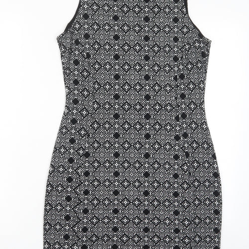 H&M Womens Black Argyle/Diamond Polyester Bodycon Size M Crew Neck Zip - Lined