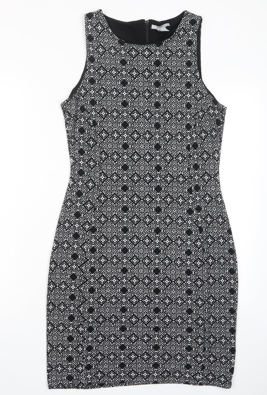 H&M Womens Black Argyle/Diamond Polyester Bodycon Size M Crew Neck Zip - Lined