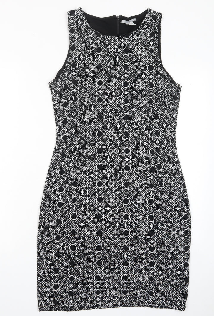 H&M Womens Black Argyle/Diamond Polyester Bodycon Size M Crew Neck Zip - Lined