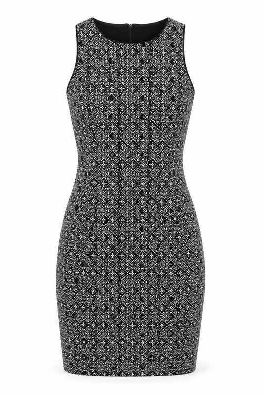 Front view of H&M women’s black argyle/diamond polyester bodycon, size M, crew neck zip - lined