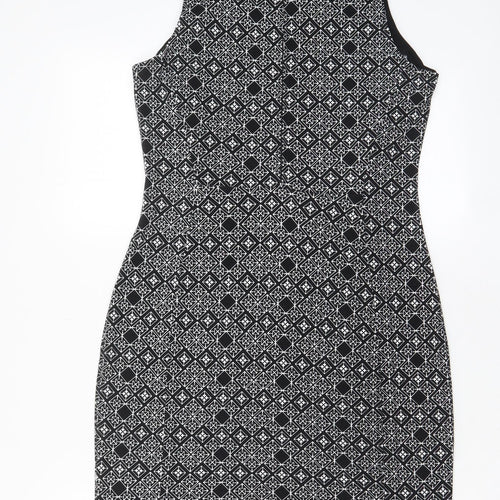 H&M Womens Black Argyle/Diamond Polyester Bodycon Size M Crew Neck Zip - Lined