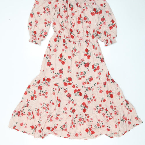 H&M Womens Pink Floral Viscose A-Line Size 8 Off the Shoulder Pullover - Pleated