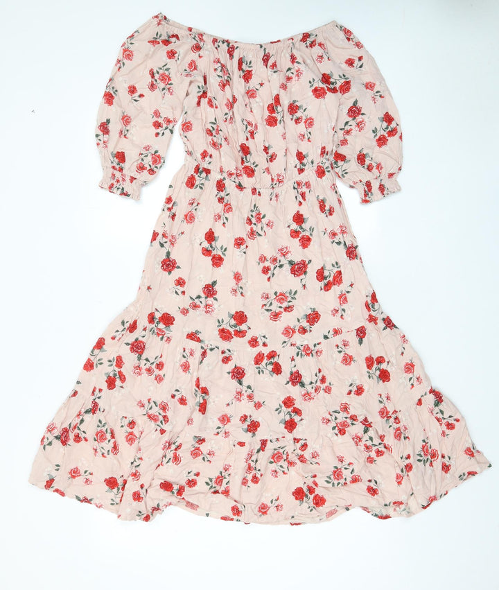 H&M Womens Pink Floral Viscose A-Line Size 8 Off the Shoulder Pullover - Pleated
